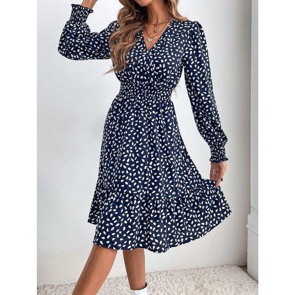 dot Print Shirred Bishop long Sleeve Ruffle Hem mini Dress - Picture 4 of 6